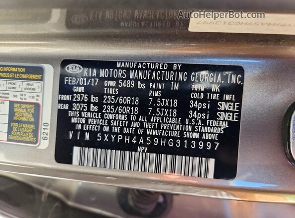 5XYPH4A59HG313997 2017 KIA SORENTO Tan 360 interior view