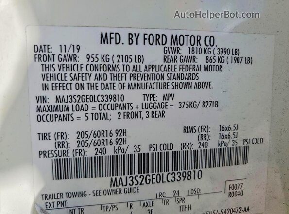 MAJ3S2GE0LC339810 2020 FORD ECOSPORT White Панорамний вид салону 360°