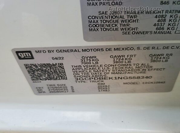 3GCPDBEK1NG558340 2022 CHEVROLET SILVERADO Белый Вид наклейки с VIN-кодом