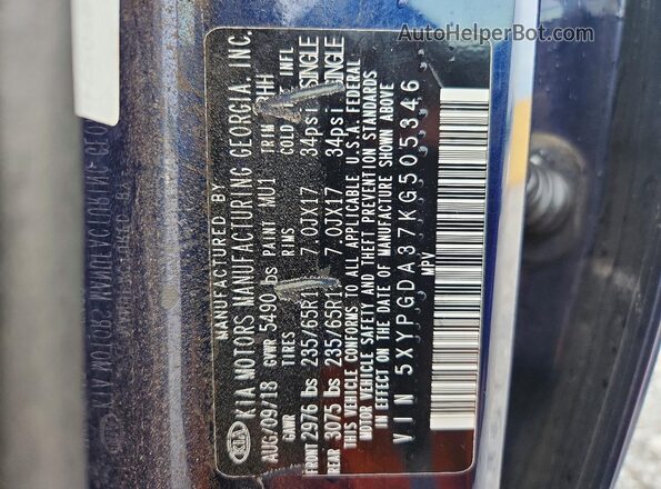 5XYPGDA37KG505346 2019 KIA SORENTO Blue Widok wnętrza 360 stopni