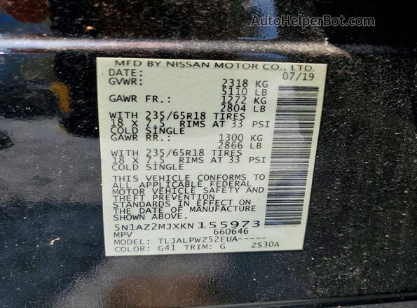 5N1AZ2MJXKN155973 2019 NISSAN MURANO Черный Панорамный вид салона 360°
