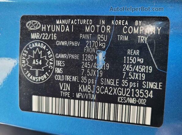 KM8J3CA2XGU213534 2016 HYUNDAI TUCSON Blue Սալոնի հետևի տեսք