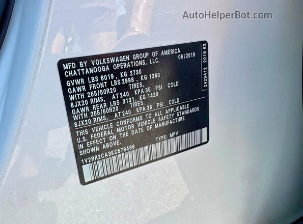 1V2RR2CA3KC579496 2019 VOLKSWAGEN ATLAS Белый Вид задних сидений