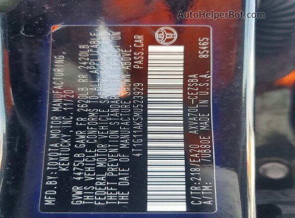 4T1G11AK5MU523929 2021 TOYOTA CAMRY Black Vista de la etiqueta del VIN