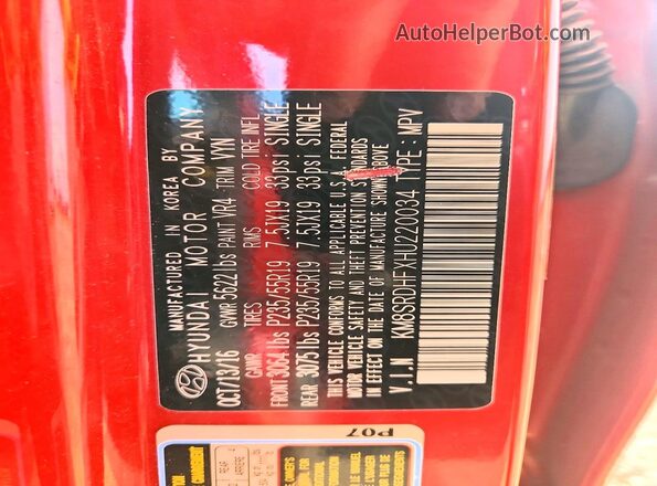 KM8SRDHFXHU220034 2017 HYUNDAI SANTA Red Vista interior de 360 grados