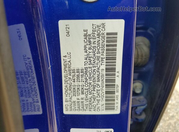 1HGCV1F4XMA059119 2021 HONDA ACCORD Blue VIN კოდის სტიკერის ხედი