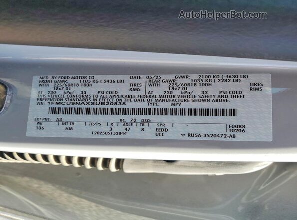1FMCU9NAXSUB20838 2025 FORD ESCAPE White სალონის 360-გრადუსიანი ხედი