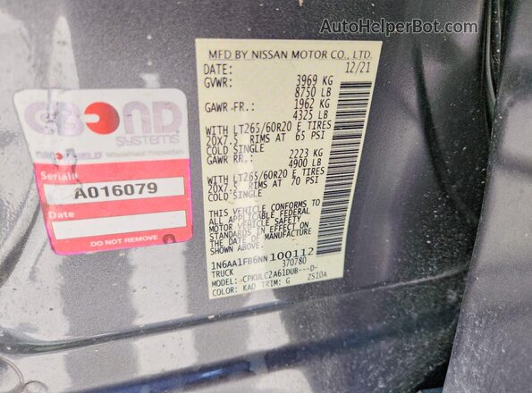 1N6AA1FB6NN100112 2022 NISSAN TITAN Gray VIN կոդի պիտակի տեսք