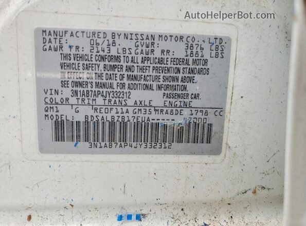 3N1AB7AP4JY332312 2018 NISSAN SENTRA White VIN კოდის სტიკერის ხედი