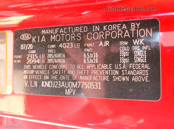 KNDJ23AU0M7750531 2021 KIA SOUL Red Вид підкапотного простору