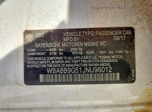 WBA8B9G51JNU96012 2018 BMW 3 SERIES White Вид наклейки з VIN-кодом
