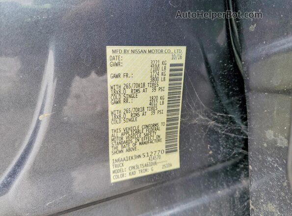 1N6AA1EK3HN512770 2017 NISSAN TITAN Серый Вид наклейки с VIN-кодом