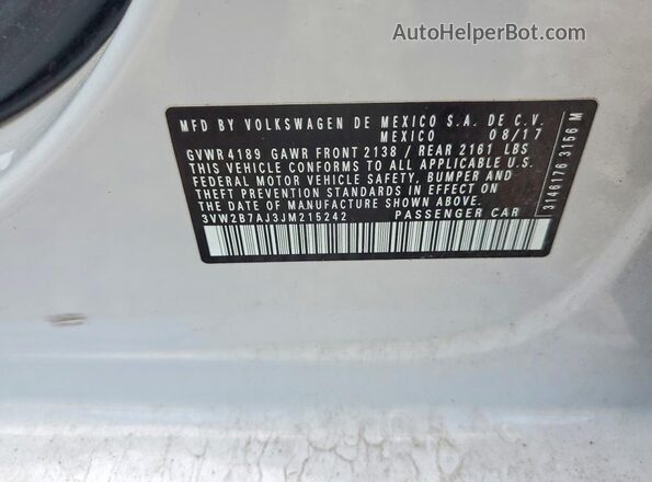 3VW2B7AJ3JM215242 2018 VOLKSWAGEN JETTA Gray Вид наклейки з VIN-кодом