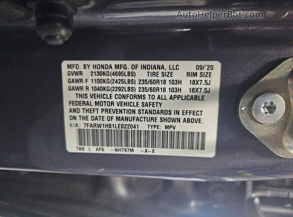 7FARW1H81LE022041 2020 HONDA CR-V Gray უკანა სალონის ხედი
