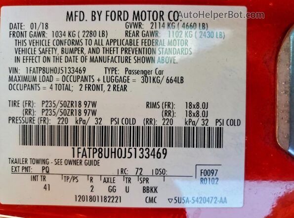 1FATP8UH0J5133469 2018 FORD MUSTANG Red VIN sticker view