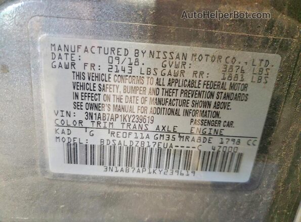 3N1AB7AP1KY239619 2019 NISSAN SENTRA Gray VIN კოდის სტიკერის ხედი