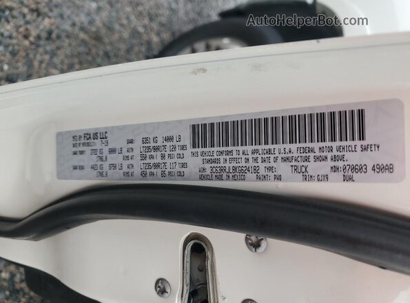 3C63RRJL8KG624182 2019 RAM 3500 White Vista de la etiqueta del VIN