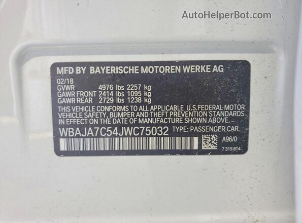 WBAJA7C54JWC75032 2018 BMW 5 SERIES White VIN կոդի պիտակի տեսք