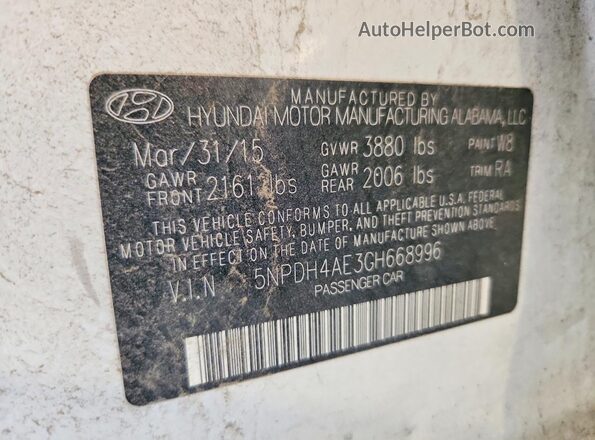 5NPDH4AE3GH668996 2016 HYUNDAI ELANTRA White VIN sticker view