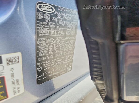SALYK2FV1LA247837 2020 LAND ROVER RANGE Серый Панорамный вид салона 360°
