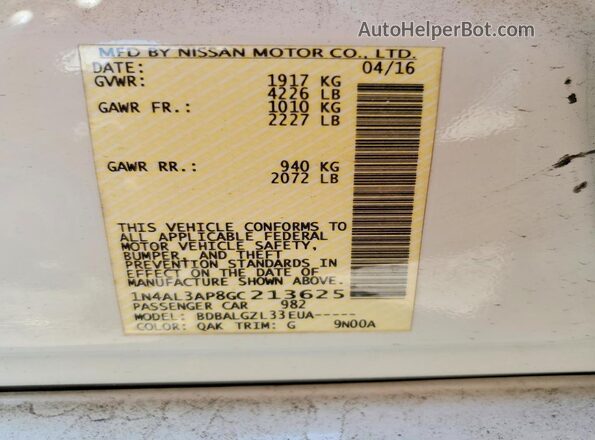 1N4AL3AP8GC213625 2016 NISSAN ALTIMA White Вид наклейки з VIN-кодом