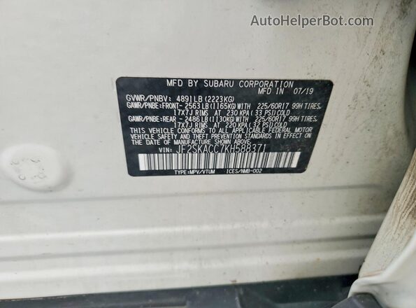 JF2SKACC7KH588371 2019 SUBARU ACCENT White Vista interior de 360 grados