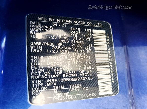 JN8AT3BB0MW230768 2021 NISSAN ROGUE Blue Widok naklejki z numerem VIN