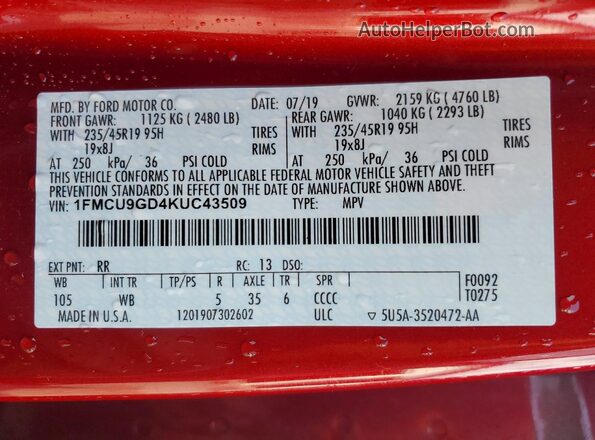 1FMCU9GD4KUC43509 2019 FORD ESCAPE Бордовый Панорамный вид салона 360°