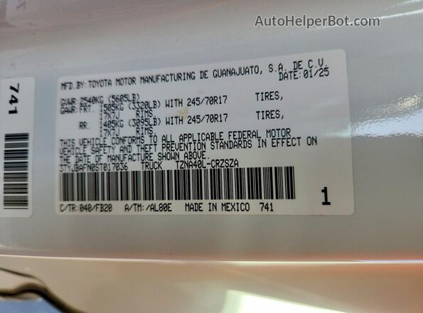 3TYJBAFN0ST017036 2025 TOYOTA TACOMA White VIN კოდის სტიკერის ხედი