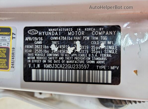 KM8J3CA22GU233597 2016 HYUNDAI TUCSON Белый Панорамный вид салона 360°