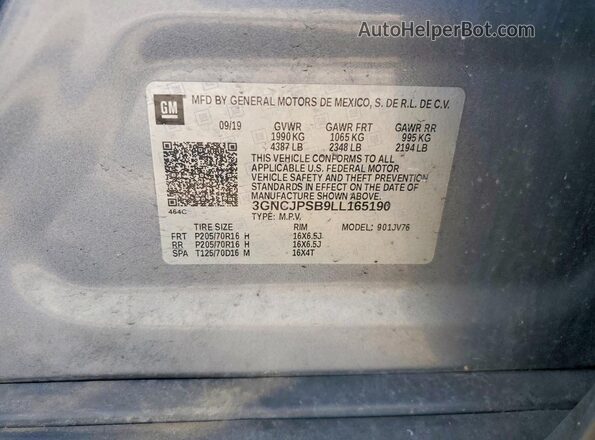 3GNCJPSB9LL165190 2020 CHEVROLET TRAX Gray Vista interior de 360 grados
