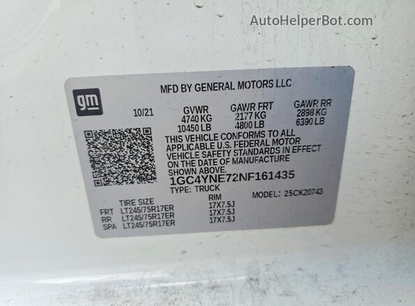 1GC4YNE72NF161435 2022 CHEVROLET SILVERADO Белый Вид наклейки с VIN-кодом