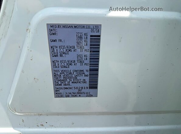 5N1DL0MN3KC502819 2019 INFINITI QX60 White Вид задньої частини салону