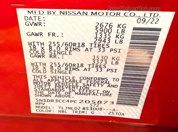 5N1DR3CC4PC205873 2023 NISSAN PATHFINDER Red VIN sticker view