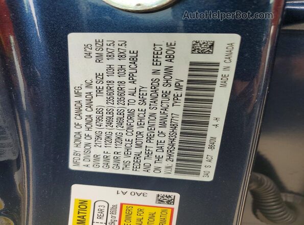 2HKRS4H43SH487717 2025 HONDA CR-V Blue Widok wnętrza 360 stopni