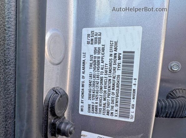 5FNYF6H53LB054726 2020 HONDA PILOT Silver Widok naklejki z numerem VIN