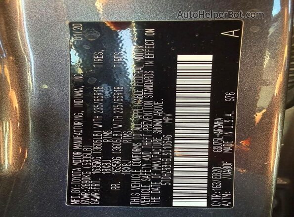 5TDHZRBH6LS010646 2020 TOYOTA HIGHLANDER Black VIN sticker view