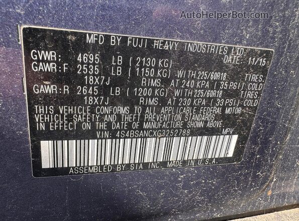 4S4BSANCXG3252788 2016 SUBARU OUTBACK Blue Widok wnętrza z tyłu