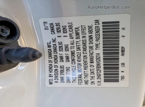 2HGFC2F83KH526214 2019 HONDA CIVIC White Вид наклейки з VIN-кодом