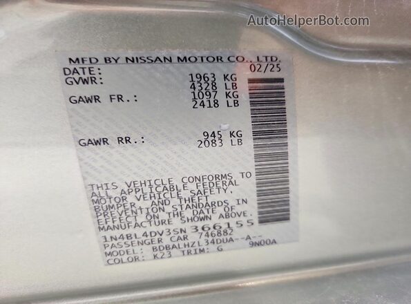 1N4BL4DV3SN366155 2025 NISSAN ALTIMA Серебряный Вид наклейки с VIN-кодом