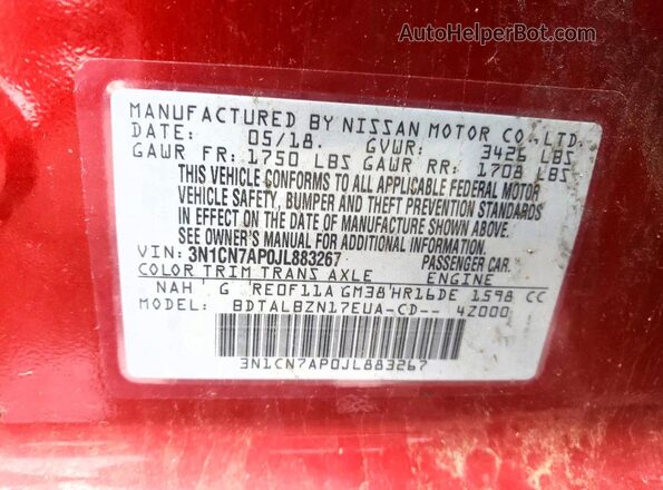 3N1CN7AP0JL883267 2018 NISSAN VERSA Burgundy VIN կոդի պիտակի տեսք