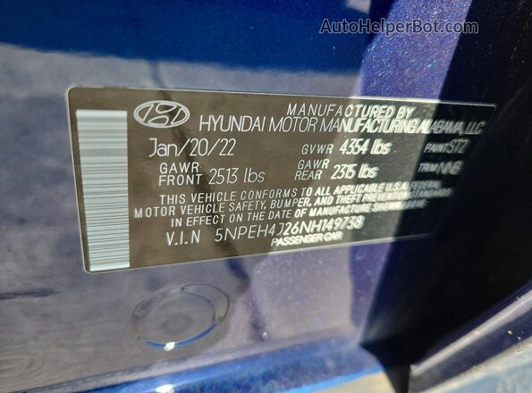 5NPEH4J26NH149738 2022 HYUNDAI SONATA Blue VIN კოდის სტიკერის ხედი