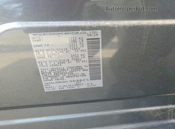 5N1DL0MN3KC564625 2019 INFINITI QX60 Gray VIN კოდის სტიკერის ხედი