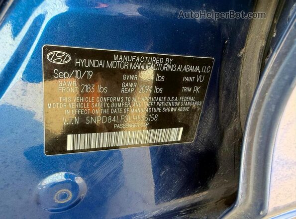 5NPD84LF0LH535158 2020 HYUNDAI ELANTRA Blue Вид задньої частини салону