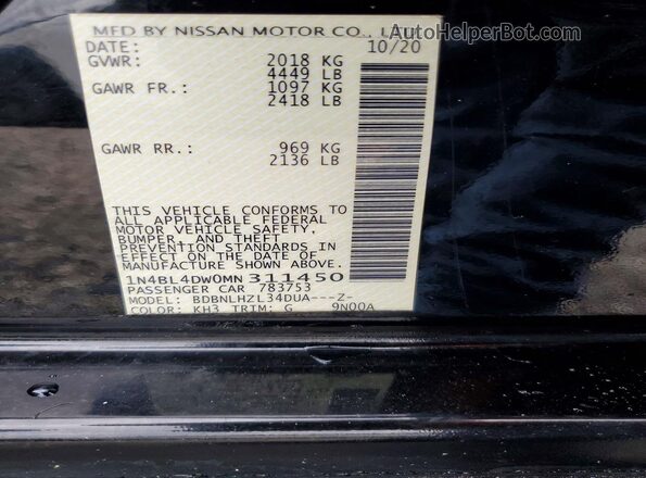 1N4BL4DW0MN311450 2021 NISSAN ALTIMA Черный Вид наклейки с VIN-кодом