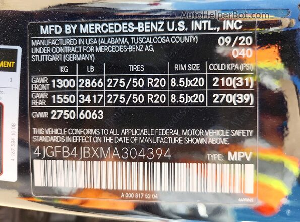 4JGFB4JBXMA304394 2021 MERCEDES-BENZ GLE Black Vista interior de 360 grados