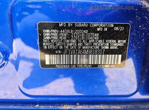 JF1VA1A64M9818317 2021 SUBARU WR-X Blue Widok naklejki z numerem VIN
