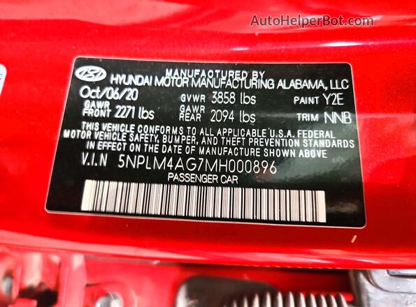 5NPLM4AG7MH000896 2021 HYUNDAI ELANTRA Red 360 interior view