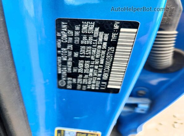 KM8K1CAAXKU287126 2019 HYUNDAI KONA Blue VIN კოდის სტიკერის ხედი