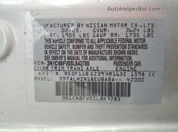 3N1CN8FV0SL843785 2025 NISSAN VERSA Silver Շարժիչի բաժամունքի տեսք